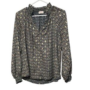 Hailey & Co. Women's Small Geometric Print Long Sleeve Blouse Tie Neck Fast Ship